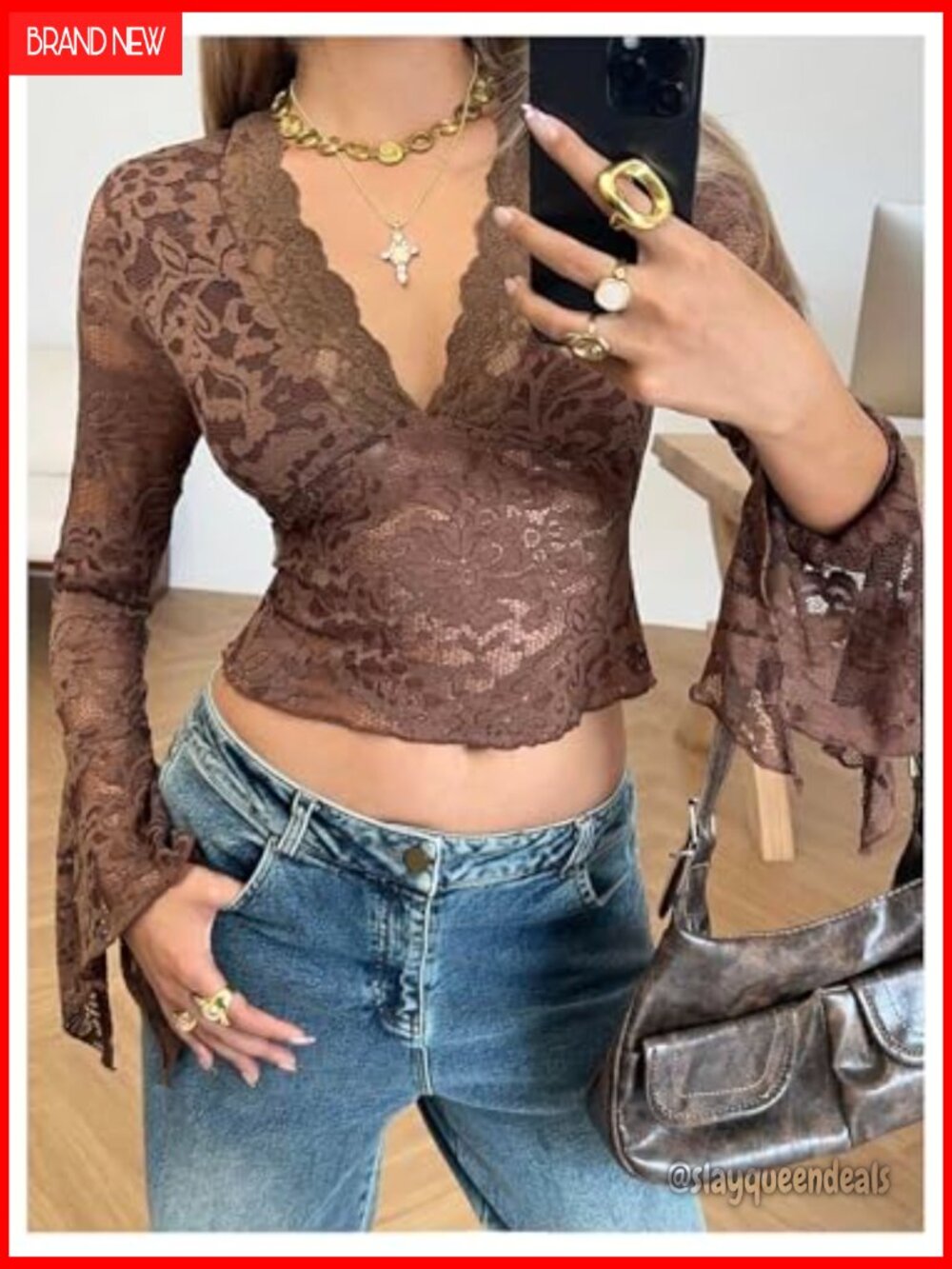 Floral Lace Bell Sleeve V-Neck Scallop Mesh Crop Top T Shirt - Picture 4 of 5